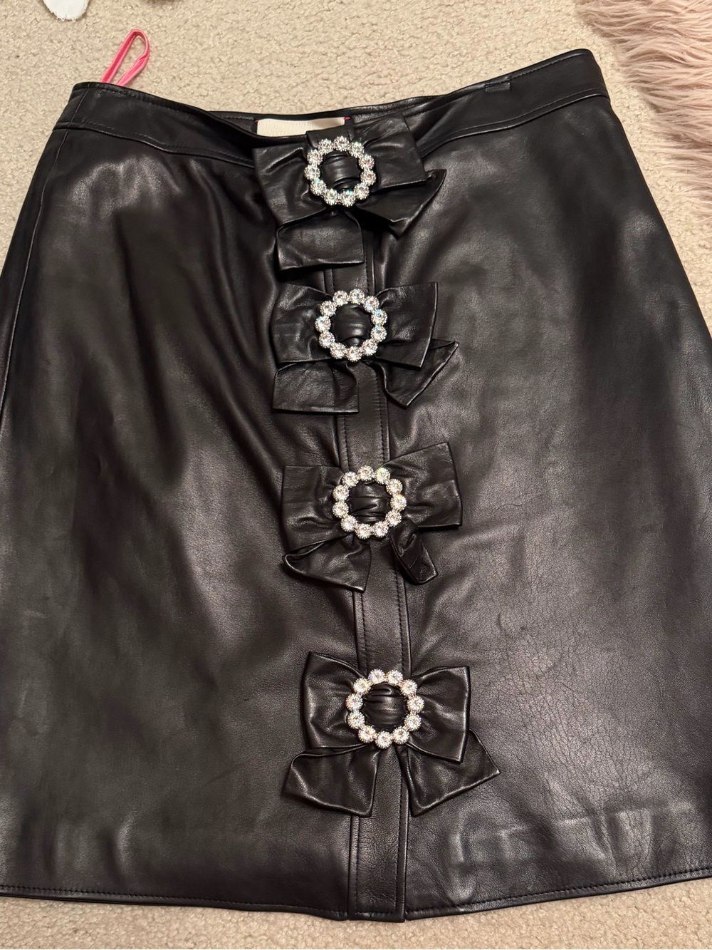 Authentic Gucci Black lamb leather Mini Skirt with Decorative Bow Rosette Accent